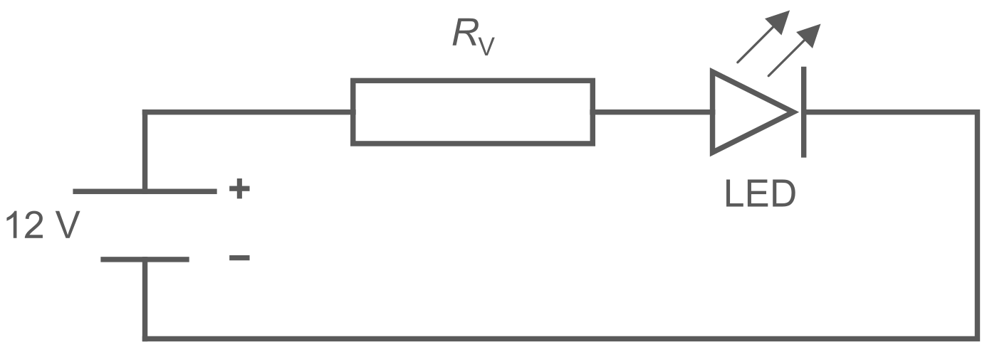 Schaltbild einer LED mit Vorwiderstand an 12 V.